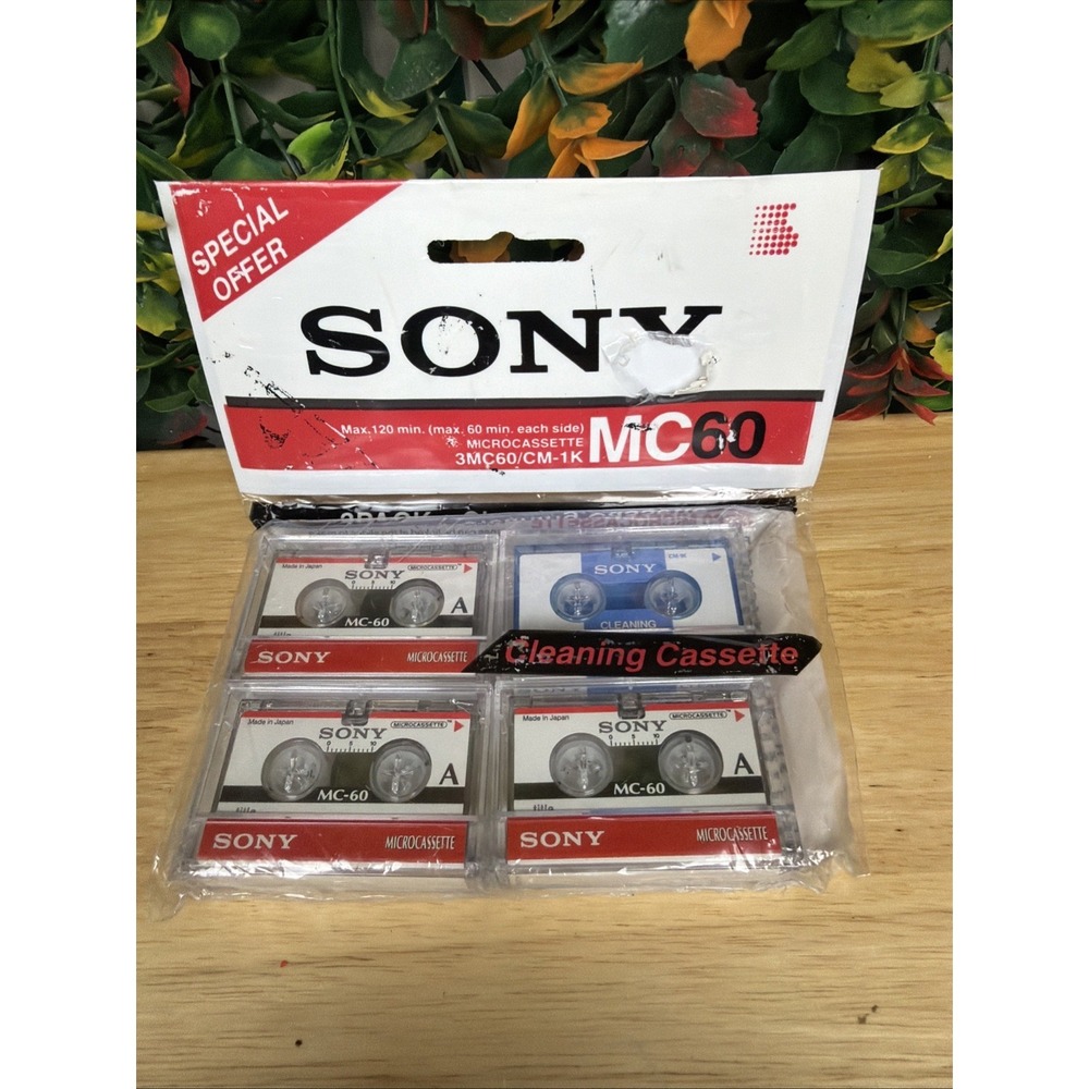 3 SONY MC-60 60 Minute Microcassette Blank Tapes + BONUS CLEANING Tape Vintage